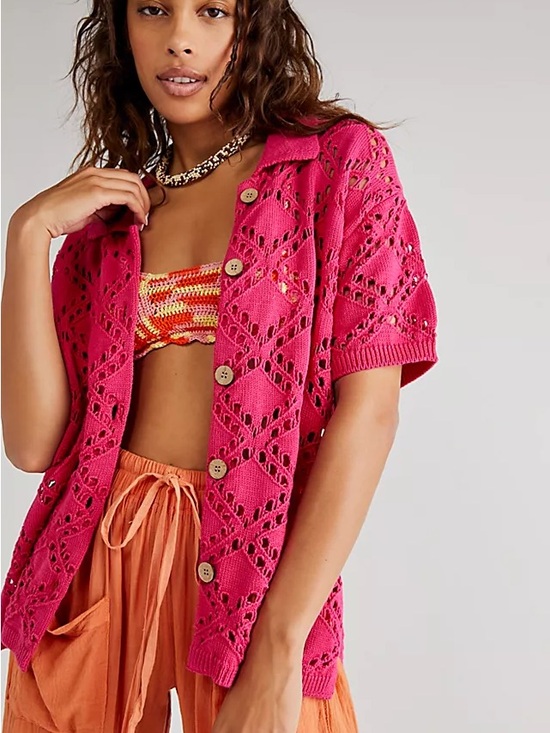 Free People Sweaters - Free People Emily Fauxchet Open-Knit Short Sleeve Cardigan Hot Pink XS
